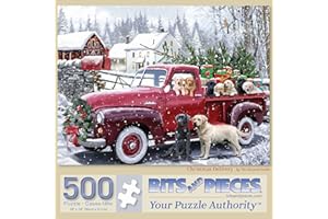 Bits and Pieces 500 Piece Puzzles for Adults - Large 15" x 19" Jigsaw Puzzles 500 Pieces Red Truck Presents Dogs, Random Die Cut, No 2 Pieces Alike, Christmas Delivery