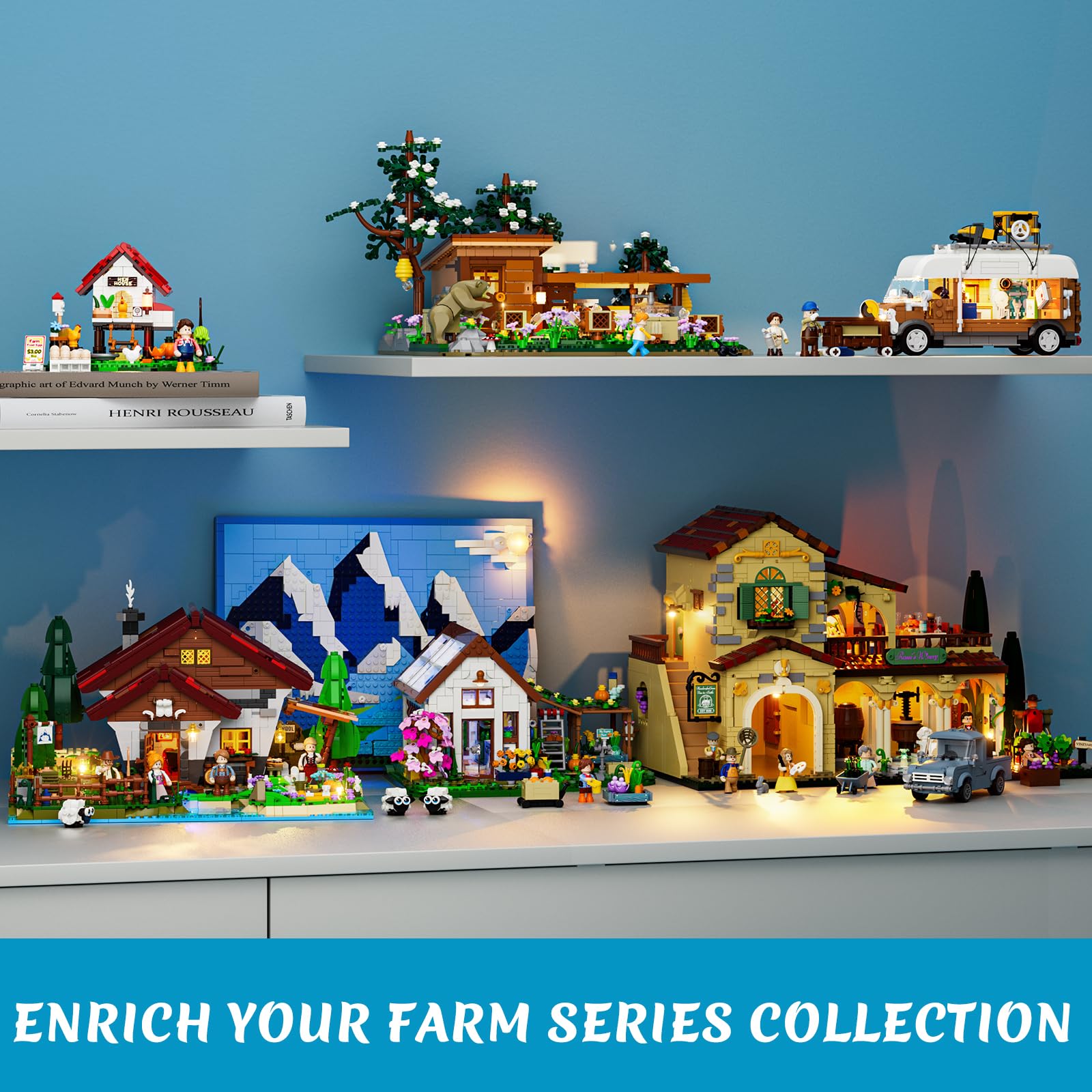 Lumibricks Schäferhütte Alpenhof Klemmbausteine Set, 2265 Teile Bergmodell mit LED Beleuchtung & 3D Hintergrund, Interaktive Schaffarm mit 4 Minifiguren für Erwachsene & Kinder 7