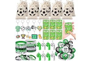 B Bascolor 68pcs Soccer Party Favors Sports Birthday Decorations with Soccer Pinball Toys Balloons Drawstring Goodie Bags Silicone Bracelets Keychains Whistles Boys Kids Party Gift Pinata Fillers