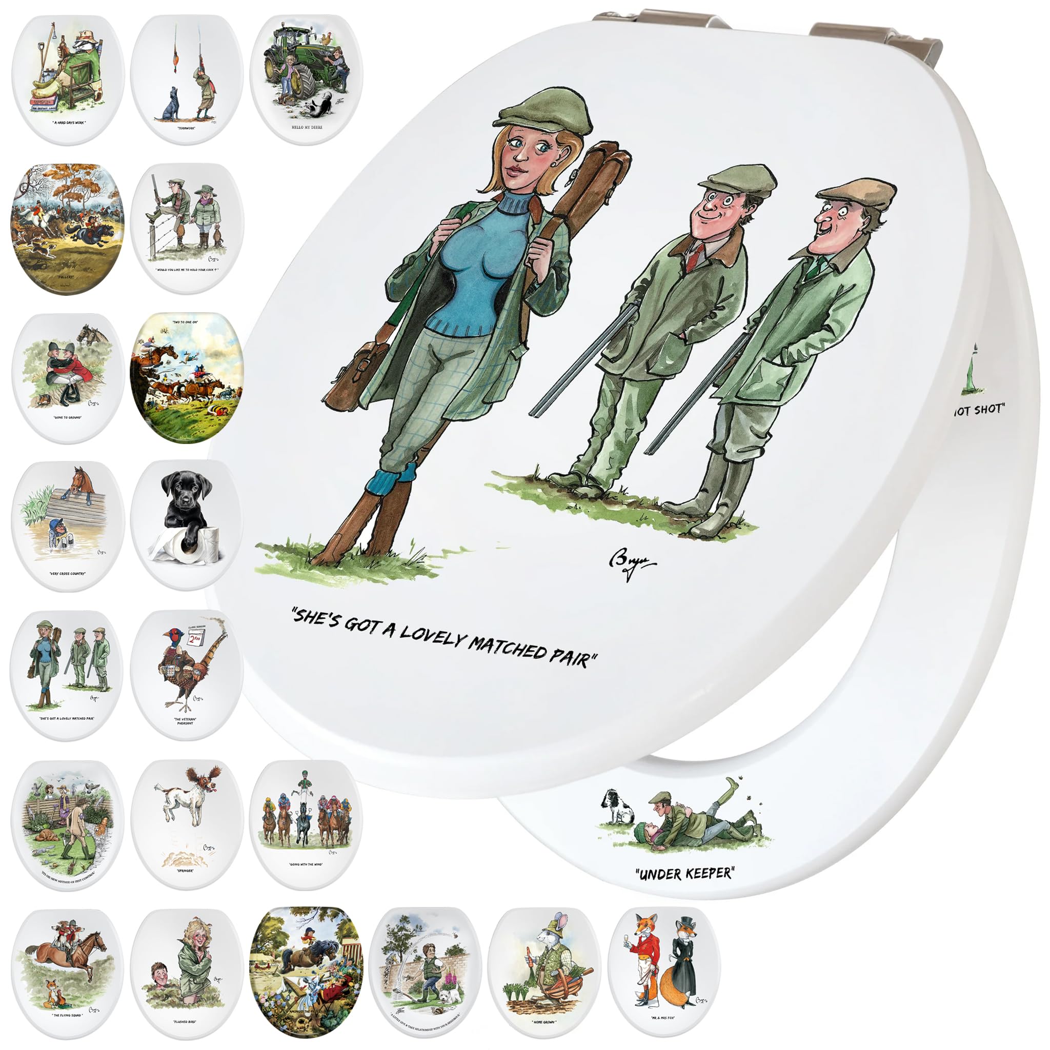Fun Novelty Toilet Seat Soft Close, Easy Fit, Printed On 3 Surfaces Featuring Bryn Parry Art with Hilarious Shooting Innuendo, Great Gift for Shooting Enthusiasts & All Lovers of Country Sports.