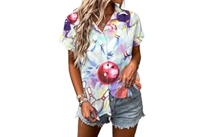 ASTANFY Bowling Shirts for Women Hawaiian Bowling Shirt Bowling Lover Gifts Button Down Tops Casual Short Sleeve Jersey