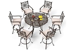PHI VILLA 7 PCS High Bar Patio Dining Set, Cast Aluminum Outdoor Bar Set for 6 with 54" Round Bar Table and 6 Outdoor Swivel Bar Stool Chairs with Seat Cushion