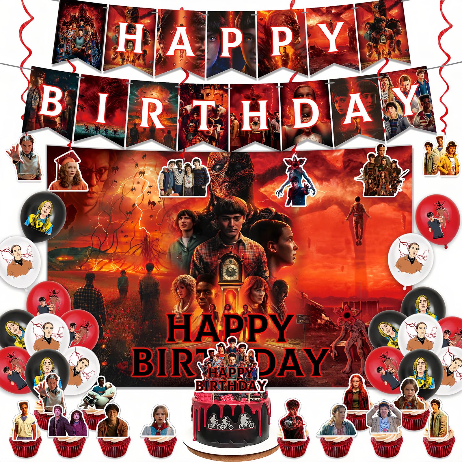 Photo 1 of 51 pcs Stranger Season 5 Things Party Supplies Birthday Decorations Set Include Backdrops,Banner,18 Balloonss,6 Hanging Swirls,Cake Topper,24 Cupcake Toppers for Boys Girls Theme Party