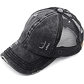 C.C Hatsandscarf Exclusives Washed Distressed Cotton Denim Ponytail Hat Adjustable Baseball Cap (BT-12) (BT-13)