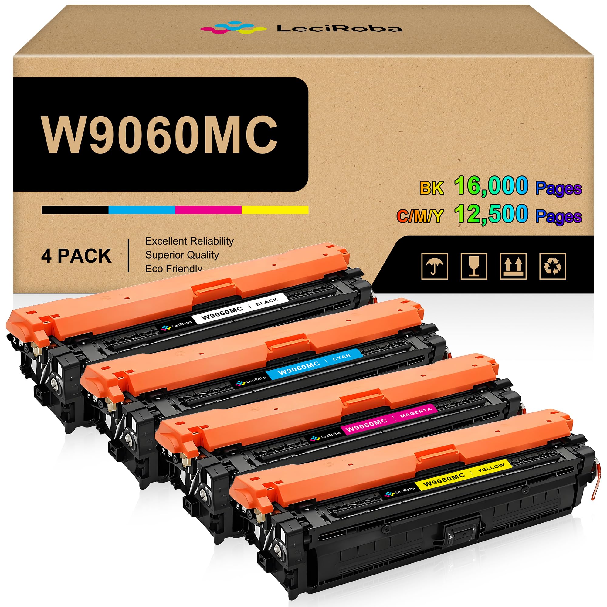 Photo 1 of LeciRoba W9060MC Toner Cartridge 4 Pack Compatible for HP W9060MC W9060 Toner for HP Color Managed E55040 E55040DW E55040dn MFP E57540dn E57540C Series Printer Ink (BK/C/Y/M)