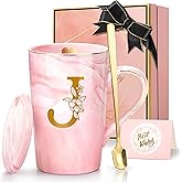 Coffee Mugs - Personalized Gifts for Women, Initial Customized Gift Ceramic Marble Cups 14 Oz Pink, Luxury Birthday Christmas Mother's Day Gift for Her Mom Grandma Girlfriend Friend Unique,J