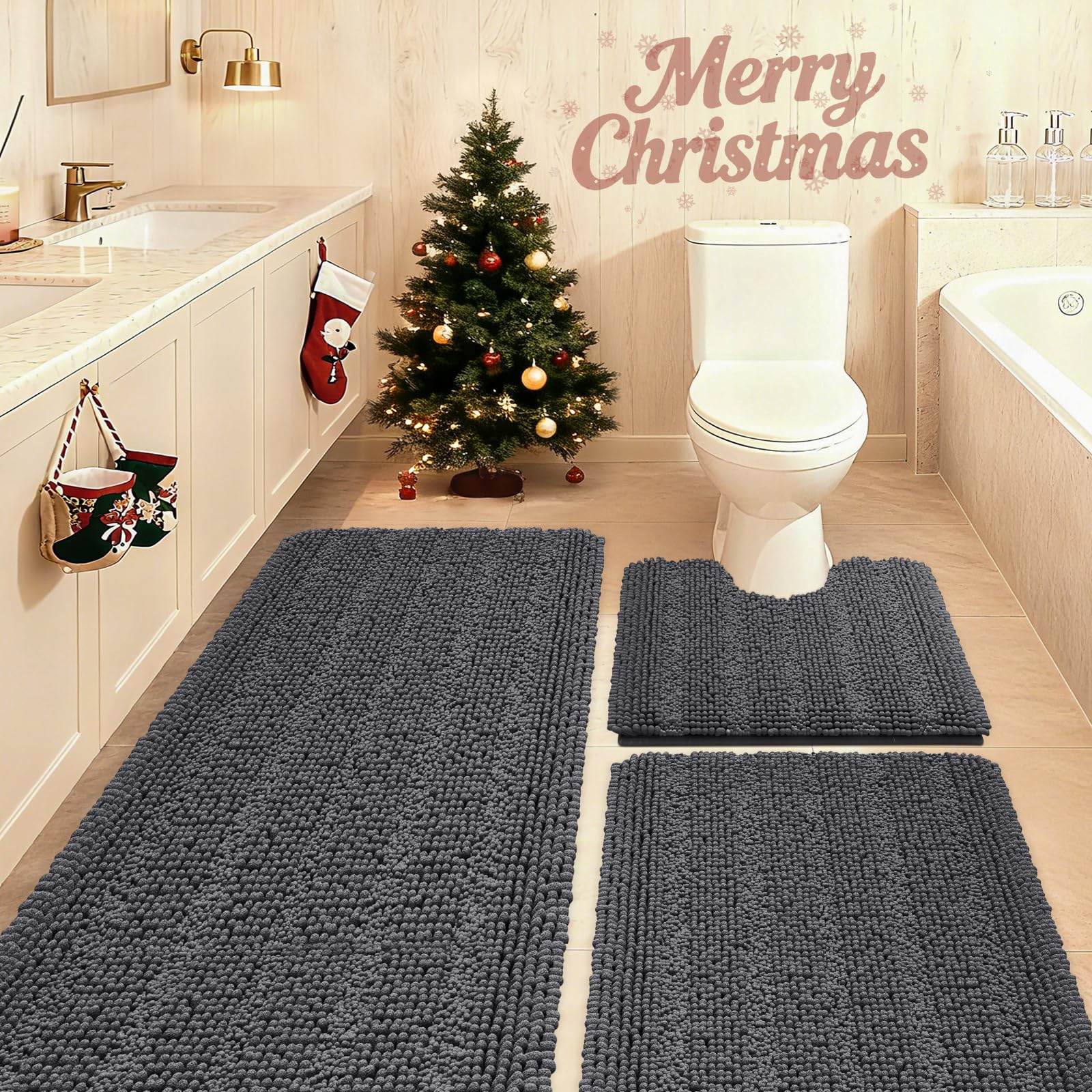 Photo 1 of **01 PC**ACCUMTEK Striped Grey Bathroom Rug Set 3 Pieces Gray Ultra Soft, Non Slip Chenille Toilet Mat, Absorbent Plush Shaggy Bath Mats for Bathroom, Bedroom, Kitchen, Charcoal