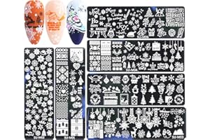 KKUUOO Christmas Nail Art Stamping Plate Kit,Snowflake Snowman Christmas Tree Elk Designs Nail Image Stamp Template Xmas DIY Stainless Steel Nail Image Polish Template Kit 6Pcs
