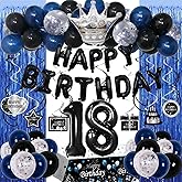 18th Birthday Decorations for Boys Girls, Happy 18th Birthday Decorations Boy Men, Blue Black 18 Year Old Boy Birthday Balloons Banner,Tablecloth, Fringe Curtains Hanging Swirls 18 Bday Decor for Men