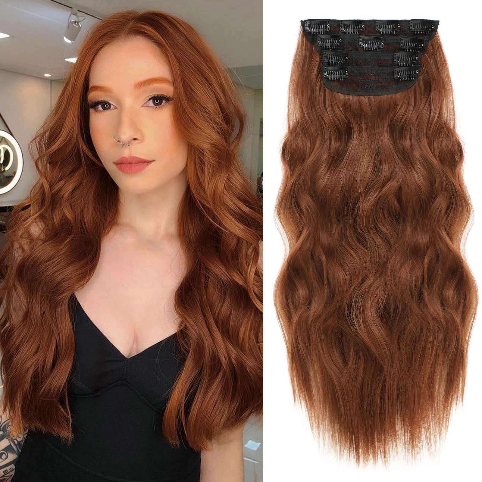 Photo 1 of NAYOO Clip in Curly Hair Extensions 4PCS Long Wavy Synthetic Thick Hairpieces with Fiber Double Weft for Women Hair Full Head (24 Inch, Auburn)