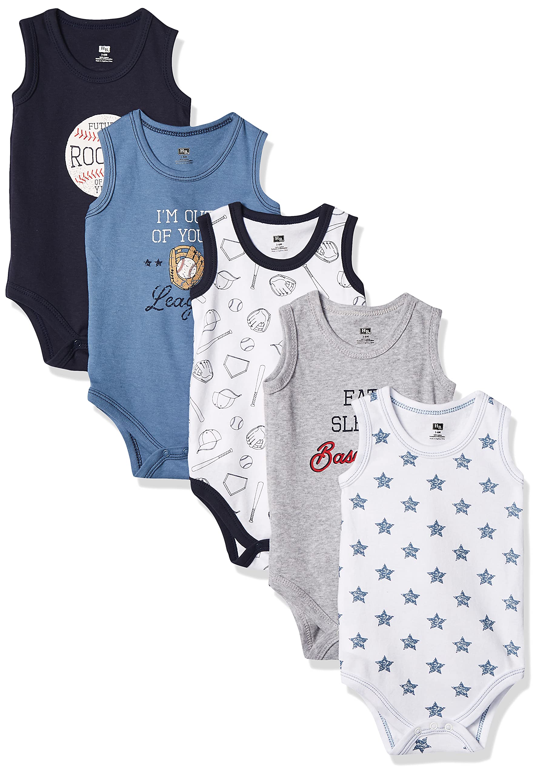 Hudson Baby 5-Pack Sleeveless Bodysuits (Onesies) - Baseball Theme, Multicolor, Unisex