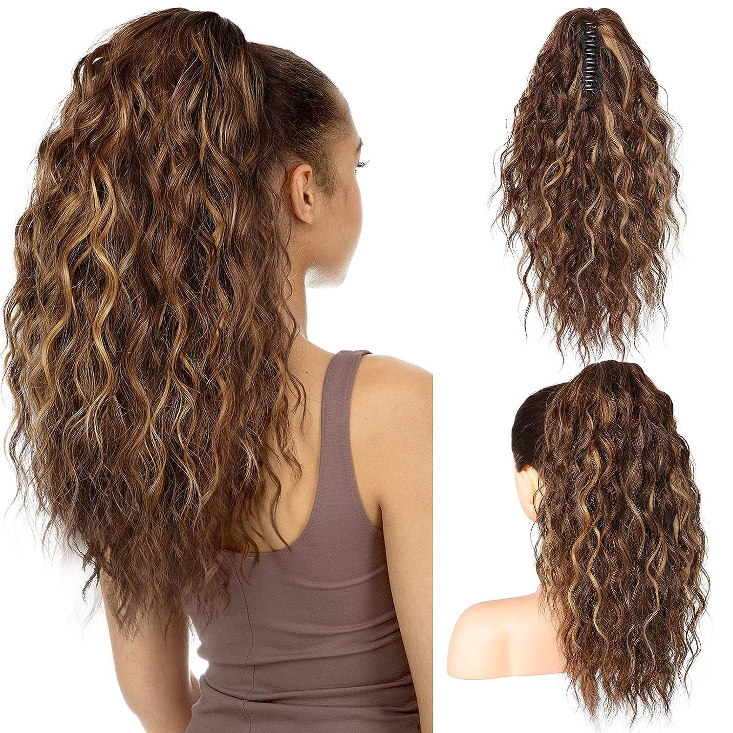 PORSMEER Claw Clip in Ponytail Hair Extensions 18 inches Long Curly Brown Ponytail Multi Layered Natural Fluffy Wave Synthetic Hairpiece for Womens Girls Everyday Wear
