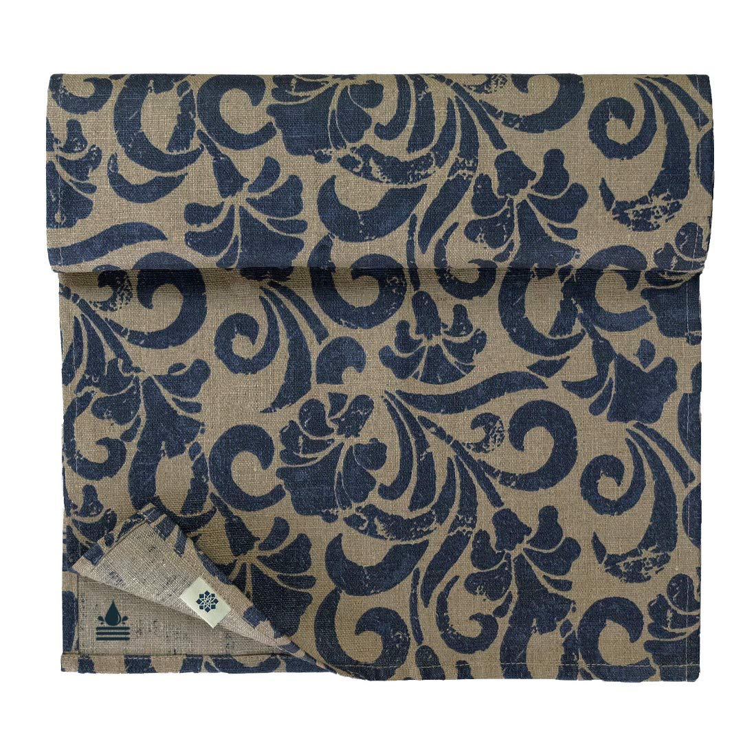 Linen & Cotton Waterproof Table Runner Florian Floral Design - 100% Linen, Beige Blue (34 x 220 cm) Water Stain Resistant Coated Table Runner Cloth Non-Slip Easy Care for Home Kitchen Garden Outdoor