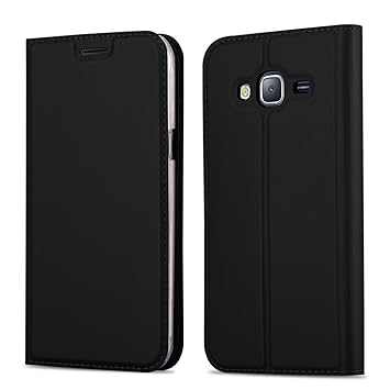 Cadorabo Hülle für Samsung Galaxy J3 2016 (6) - Hülle in SCHWARZ – Handyhülle mit Standfunktion und Kartenfach im Metallic Lo
