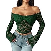KWSTAIN Off The Shoulder Top for Women Floral Lace Bell Long Sleeve Sexy Mesh Sheer See Through Crop Tops Shirts Blouses Y2K