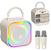 Karaoke Machine,Mini Karaoke Machine with 2 Wireless Mics (Built-in Storage),Portable Bluetooth Speaker, Fun Voice Effects/Dynamic LED Lights -Christmas Birthday Gifts for Girls Ages 4-12 -Beige
