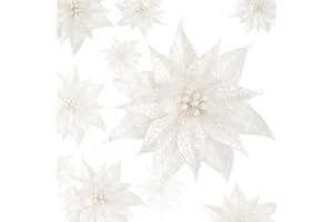 Sggvecsy 15 Pcs Christmas Glitter Flowers Christmas Tree Ornaments Shining Artificial Poinsettia Christmas Flowers Decoration with Clips for Xmas Holiday Wedding Wreath Party Floral Decorations(White)