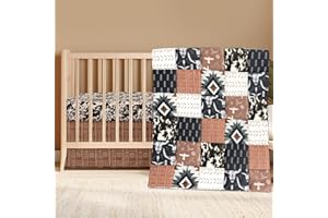 Hahafelt 3 Pcs Western Cowboy Baby Crib Bedding Western Quilt Fitted Sheet Skirt Soft Flannel Nursery Bedding for Baby Boys S