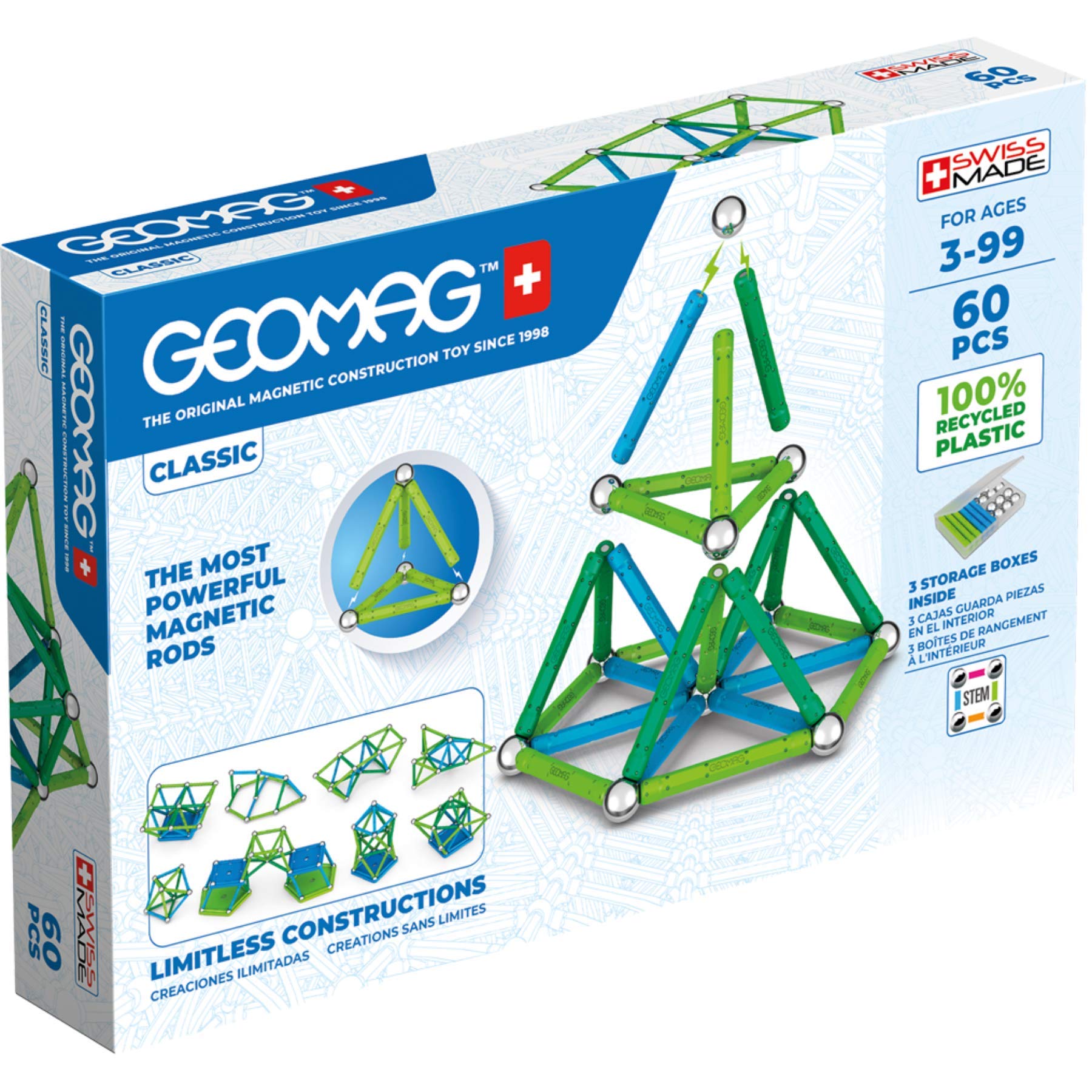 GeomagClassic Magnetic Toys for Kids Ages 8+, 60pc Educational STEM Magnets for Kids - Swiss-Made Magnetic Blocks, Tiles and Building Toys from 100% Recycled PlasticGreenCircle Certified: Recycled Content
