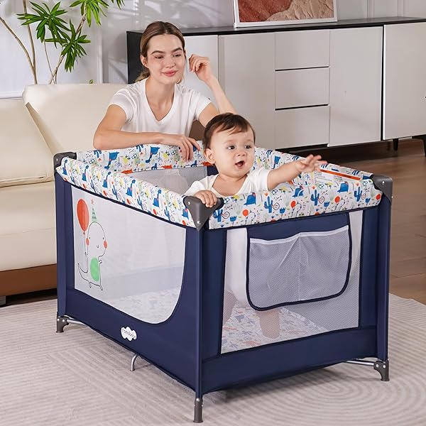 PAMO BABE COMPACT PACK AND PLAY – PORTABLE CRIB FOR BABY, LIGHTWEIGHT FOLDABLE TRAVEL PLAYARD WITH MATTRESS PAD & CARRY BAG, SAFE BREATHABLE TRAVEL BED FOR HOME, TRIPS & FAMILY VISITS, CUTE PATTERN