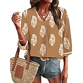LOMON Womens 3/4 Sleeve V Neck Boho Peasant Blouses Dressy Casual Breathable Soft Tunic Tops with Button Cuffs