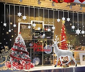 heekpek Christmas Decorations Snowflake Reindeer Christmas Tree Window Stickers No-Adhesive Removable Stickers Wall Window Door Mural Decal Sticker for Showcase