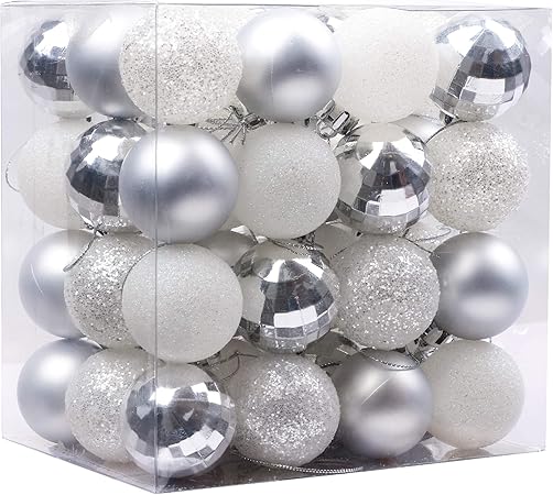 Victors Workshop 48pcs Boules De Noël Ornements Mis 16inch4cmdécoration De Boules De Noël Incassable En Plastique Blanc Et Argentcadeaux De