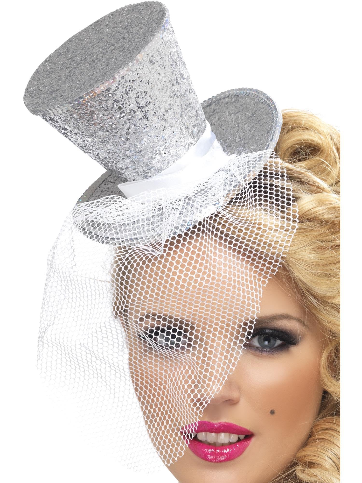 Smiffys Fever Mini Top Hat on Headband, Silver with Detachable Netting and Glitter Detail, Burlesque Showgirl Fancy Dress Accessory, Fever Adult Costume Hats for Party & Cabaret Looks