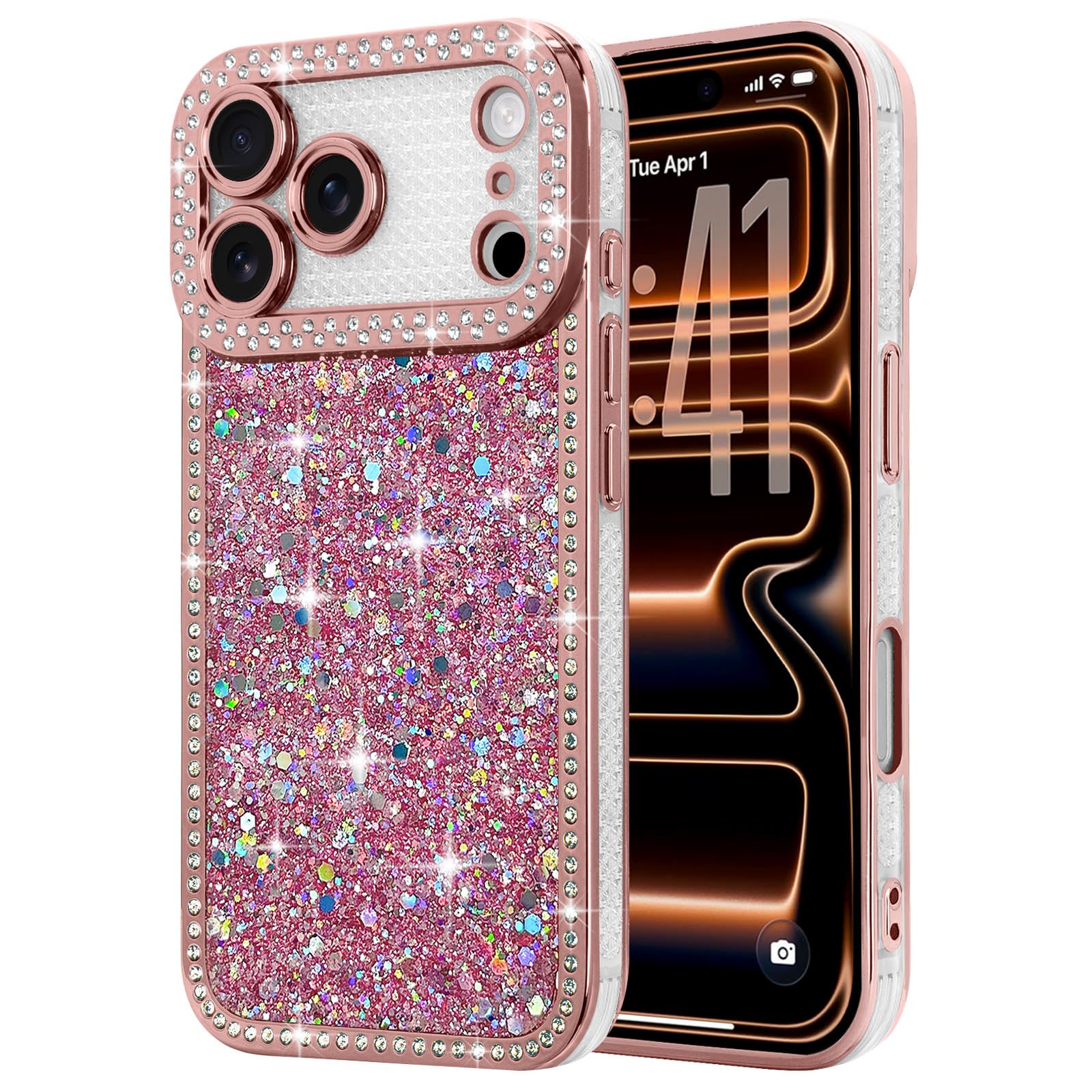 Lafunda for iPhone 17 Pro Max Case Glitter, Luxury Shiny Bling Sparkly Bumper Cover with Crystal Diamonds for Women Girls Soft Slim Shockproof Protective Phone Case for iPhone 17 Pro Max 6.9", Pink