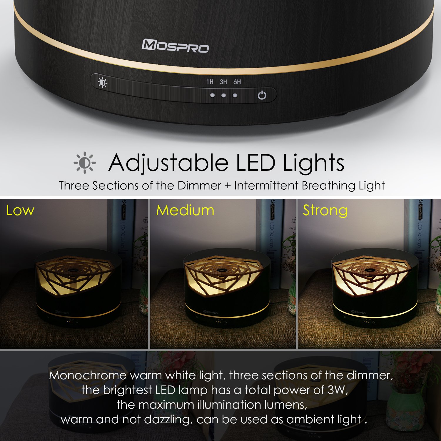 MOSPRO Essential Oil Diffuser, 400ml Aromatherapy Diffuser Ultrasonic Cool Mist Humidifier with Adjustable Mist Mode, Waterless Auto Shut-off for Yoga Spa Home Office Study