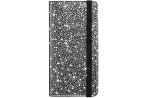 HOTCOOL Checkbook Cover with Elastic Band - Premium Leather Clear PVC Divider Durable, Compact, and Multi-Functional Holder Wallet Case for Man and Woman, Glitter Black