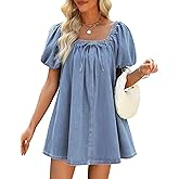 POLIRO Denim Dress for Women, Puff Short Sleeve Jean Dress Square Neck Denim Romper with Pockets