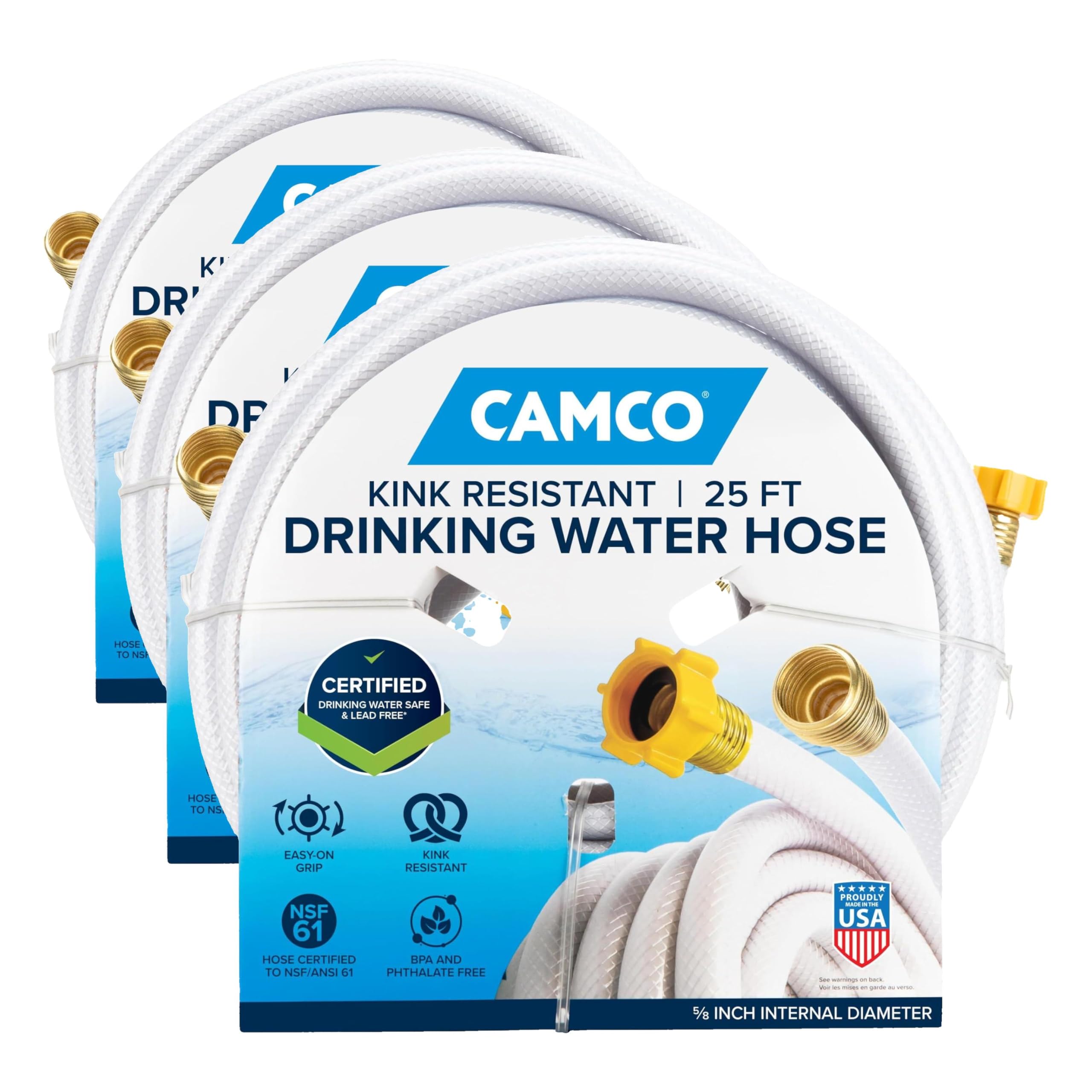 Camco TastePURE 25-Ft Water Hose-RV Drinking Water Hose Contains No Lead,No BPA&-No Phthalate-Features Diamond-Hatch Reinforced PVC Design-5/8” Inside Diameter,Made in the USA (22783),(Pack of 3)
