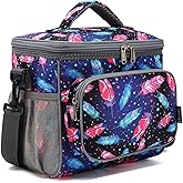 FlowFly Insulated Reusable Lunch Bag Adult Large Lunch Box for Women and Men with Adjustable Shoulder Strap,Front Zipper Pocket and Dual Large Mesh Side Pockets,Feather
