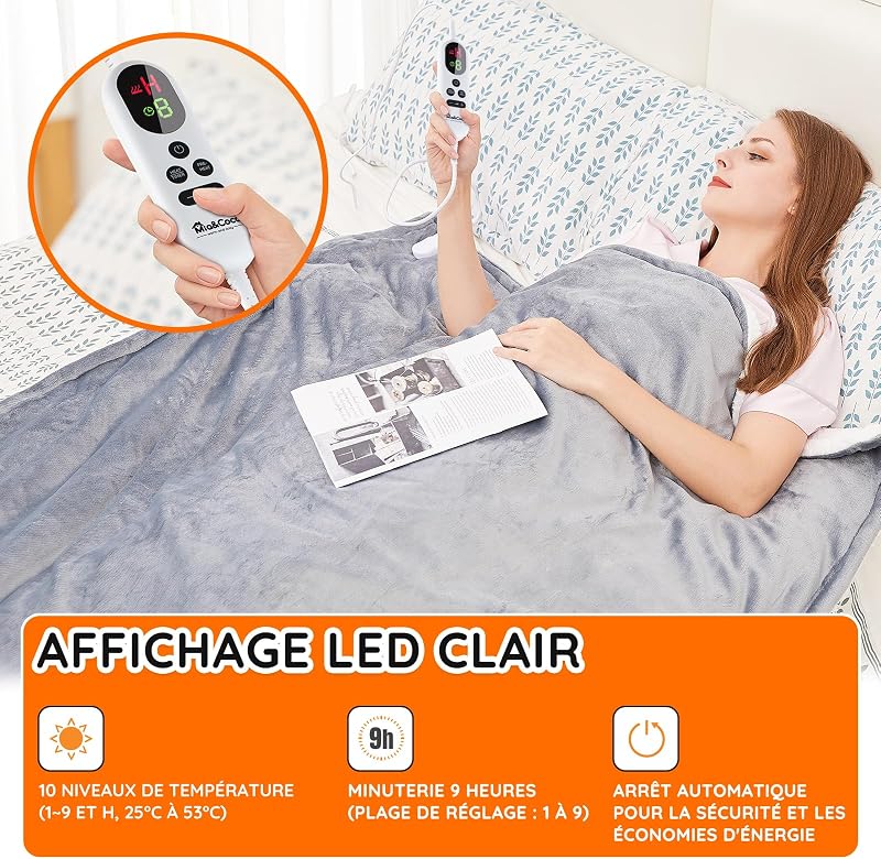 Couverture électrique chauffante, avec arrêt Automatique, 10 Niveaux de Chauffage Jusqu’à 9 Heures, Protection Contre la surchauffe, certifiée ETL, pour lit, en Flanelle, Chauffage Rapide