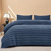 JELLYMONI Plush Duvet Cover Set - Queen Size Navy Blue Striped Fuzzy Comforter Cover 3pcs Bedding Set Luxury Ultra Soft Faux Fur Duvet Cover & 2 Pillowcases (NO Comforter)