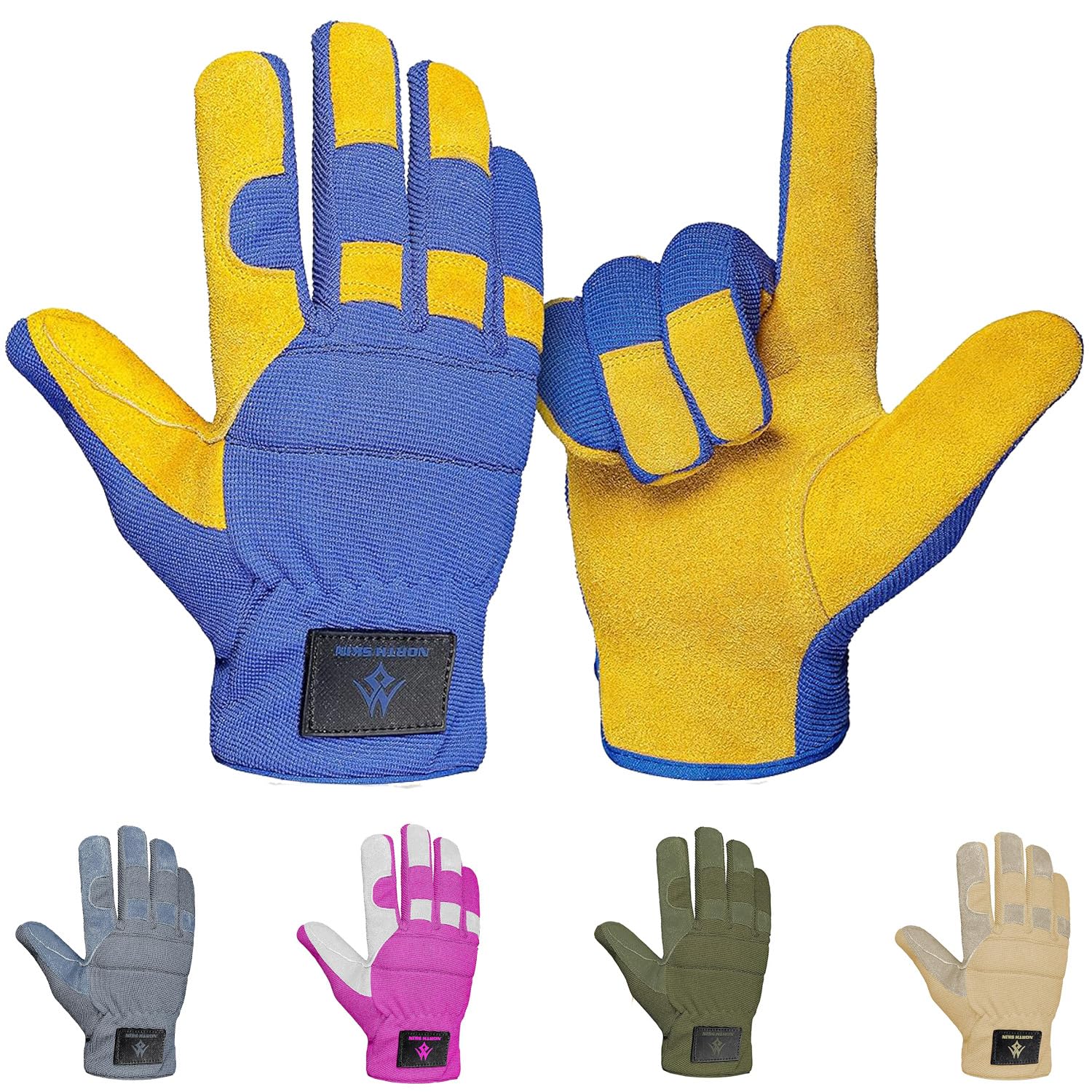 NORTH SKIN Leather Gardening Work Gloves Heavy Duty Breathable Thorn Proof Garden Gloves Flexible Mechanics Building Construction Safety Working Utility Gloves Men Women (Yellow, S)