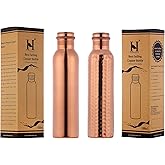 Pure Copper Water Bottles 1000 mL (33.18 US Fl Oz) Capacity set of 2, (Hammered and Plain) UNLINED, UNCOATED and LACQURE FREE