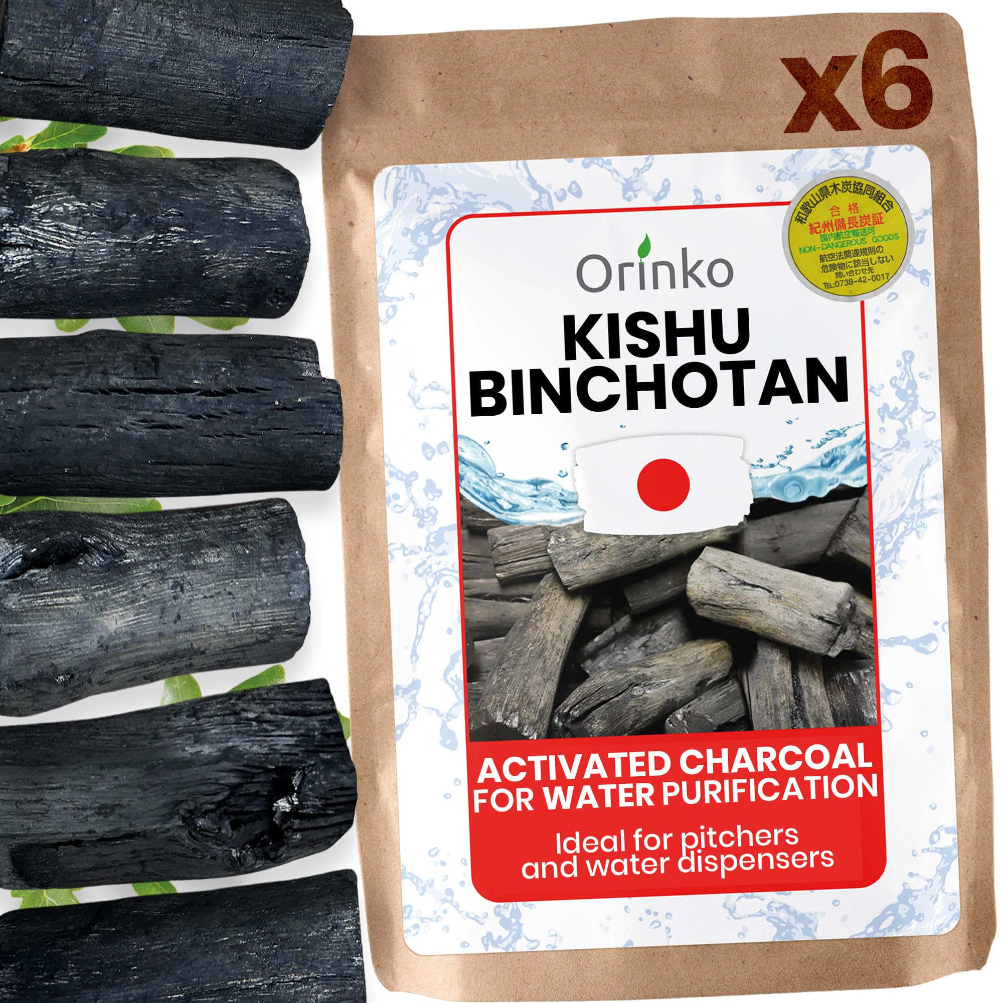 ORINKO® Binchotan Charcoal Water Filter x6 - Kishu Activated Charcoal Sticks for Natural Water Purification - Eco-Friendly Filter for Jugs, Bottles, and Carafes - Sustainable Japanese Oak Coal