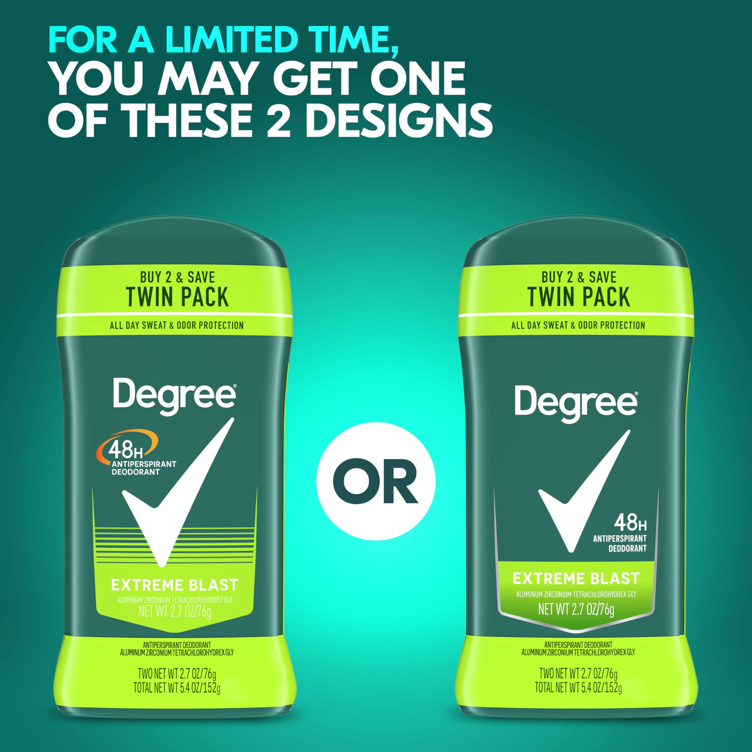 Degree Men Original Protection Antiperspirant Deodorant Extreme Blast Twin Pack 48-Hour Sweat and Odor Protection Antiperspirant For Men 2.7 oz