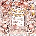 Rose Gold Birthday Decorations, Rose Gold Party Decorations Happy Birthday Banner Rose Gold Balloons Tablecloth Fringe Curtain Crown Sash Heart Star Foil Balloon for Girl Women Birthday Party Supplies
