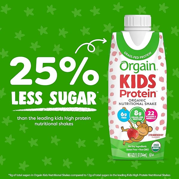 ORGAIN ORGANIC KIDS NUTRITIONAL PROTEIN SHAKE, STRAWBERRY, HEALTHY KIDS SNACKS, 8G DAIRY PROTEIN, 3G OF FIBER, 22 VITAMINS & MINERALS, NO SOY INGREDIENTS, GLUTEN FREE, NON-GMO, 8.25 FL OZ (PACK OF 12)