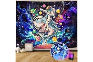 YEXIT Funny Space Astronaut Shark Tapestry, Blacklight Trippy Galaxy Universe Planets Cool Tapestries for Teens Boys College Dorm Bedroom Grunge Room Poster 36×48 inch