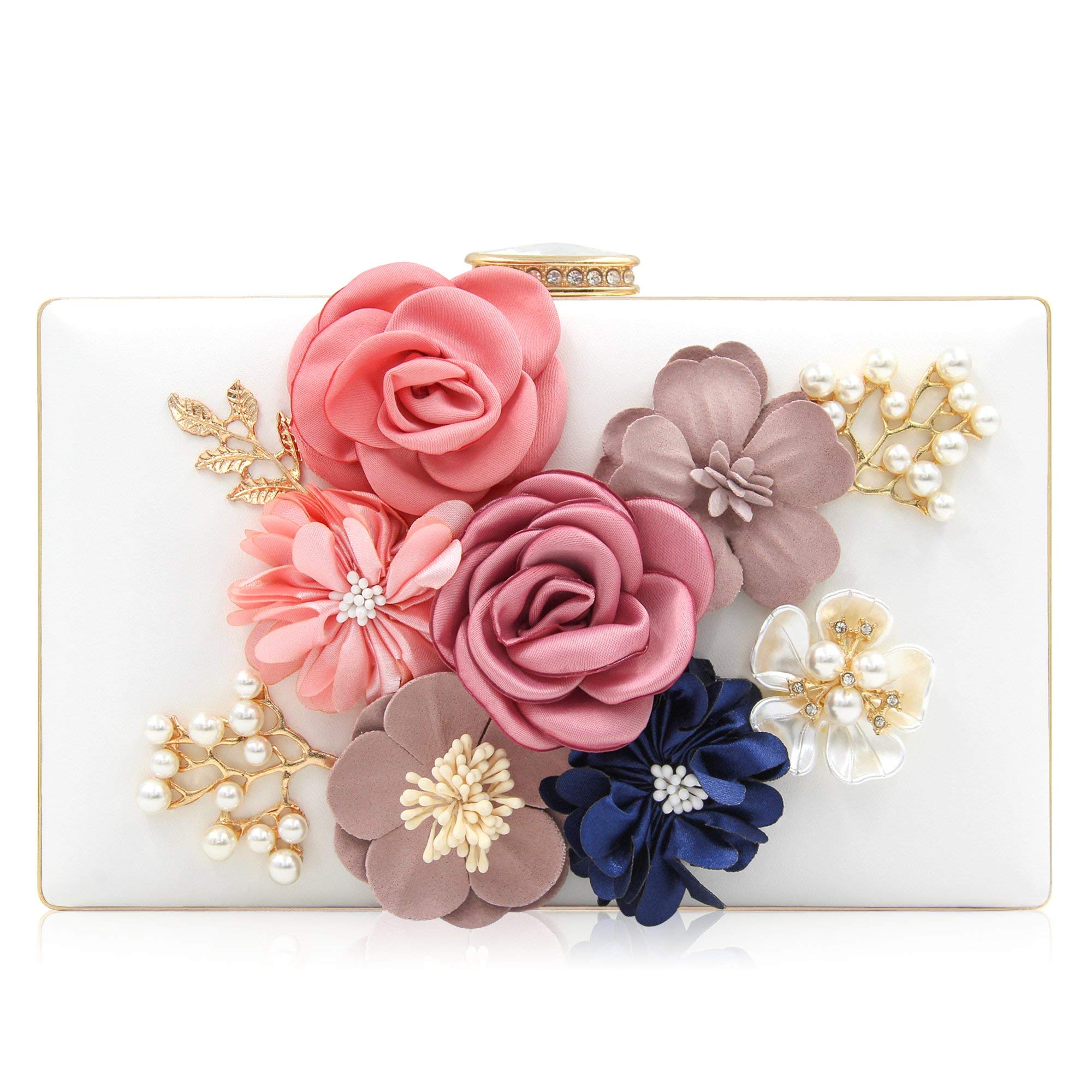 Milisente Women Clutches Bag Flower Satin Evening Bags Wedding Handbag (White)