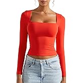 SUUKSESS Women Square Neck Long Sleeve Tops Double Lined Going Out T Shirts