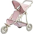 Olivia's Little World Double Jogging-Style Doll Stroller for Baby Dolls with Tandem Seating, Retractable Canopy, Storage Basket, All-Terrain Wheels, Cream, Pink and Gray Polka Dots