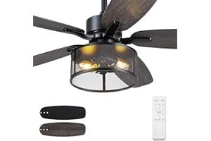 HOUNBERI Farmhouse Ceiling Fan with Light and Remote,48" Black Industrial Caged Flush Mount Ceiling Fans for Bedroom,Living room Rustic Fandelier for Patio 6 Speed Reversible,5 Dual Blades Indoor/Outdoor
