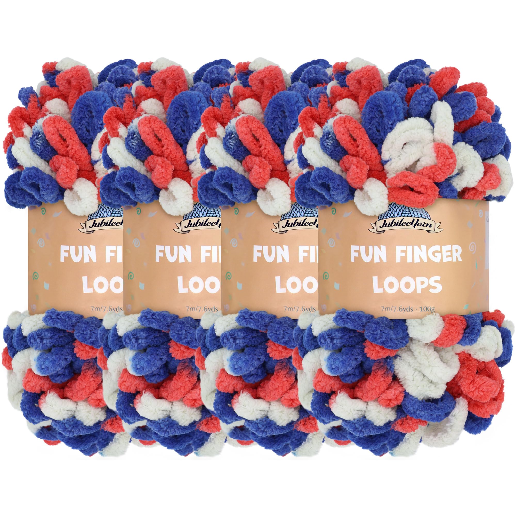 JubileeYarn Fun Finger Loops Yarn - Polyester Jumbo Weight Loop Yarn - 100g/Skein - Red White Blue - 4 Skeins