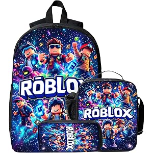 NuiLixkng Game Backpack 3PCS with Lunch Bag Box and Pencil Case 17.3in Laptop Bag Adjustable Strap Robl Art Daypack