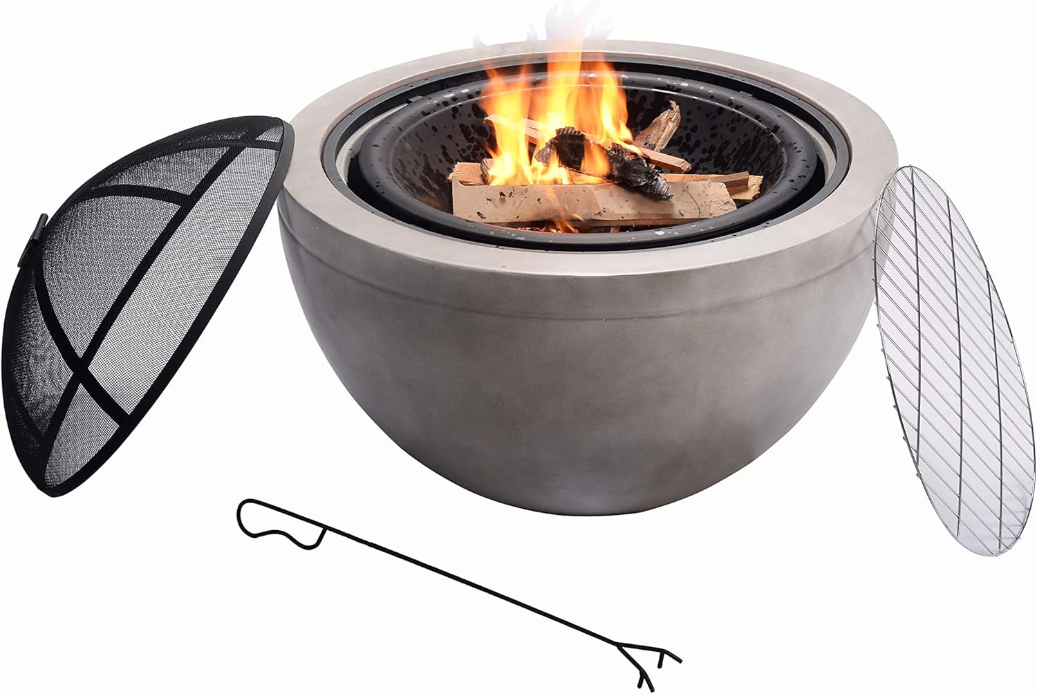 Peaktop HR30180AA Bonfire Concrete Round Charcoal BBQ Grill Wood Burning Fire Pit with Spark Screen, Fireplace Poker, Grate for Outdoor Patio Garden Backyard Decking Décor, 30 inch Length, Gray, 30" : Garden & Outdoor